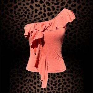 Y2k Vintage Lani peach ruffled form fitting one shoulder halter top